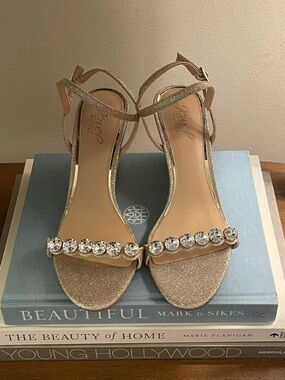 Jewel Badgley Mischka Gold Jeweled Strap Evening Heels